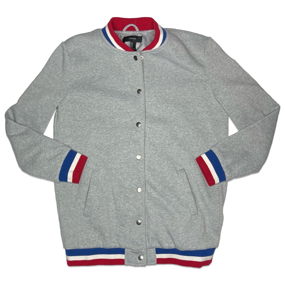 Forever 21 Heathered Gray Red White & Blue Varsity Jacket With Pockets